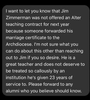 HaakerVictoria's tweet photo. This is one of the times I feel that God is truly hurt by the decisions made by their Church. One of my favorite teachers at Alter, Jim Zimmerman, was not offered a contact because of his love for a man rather than a woman. I hope that we can take a stand as a community for him. https://t.co/m7Otrbhx04