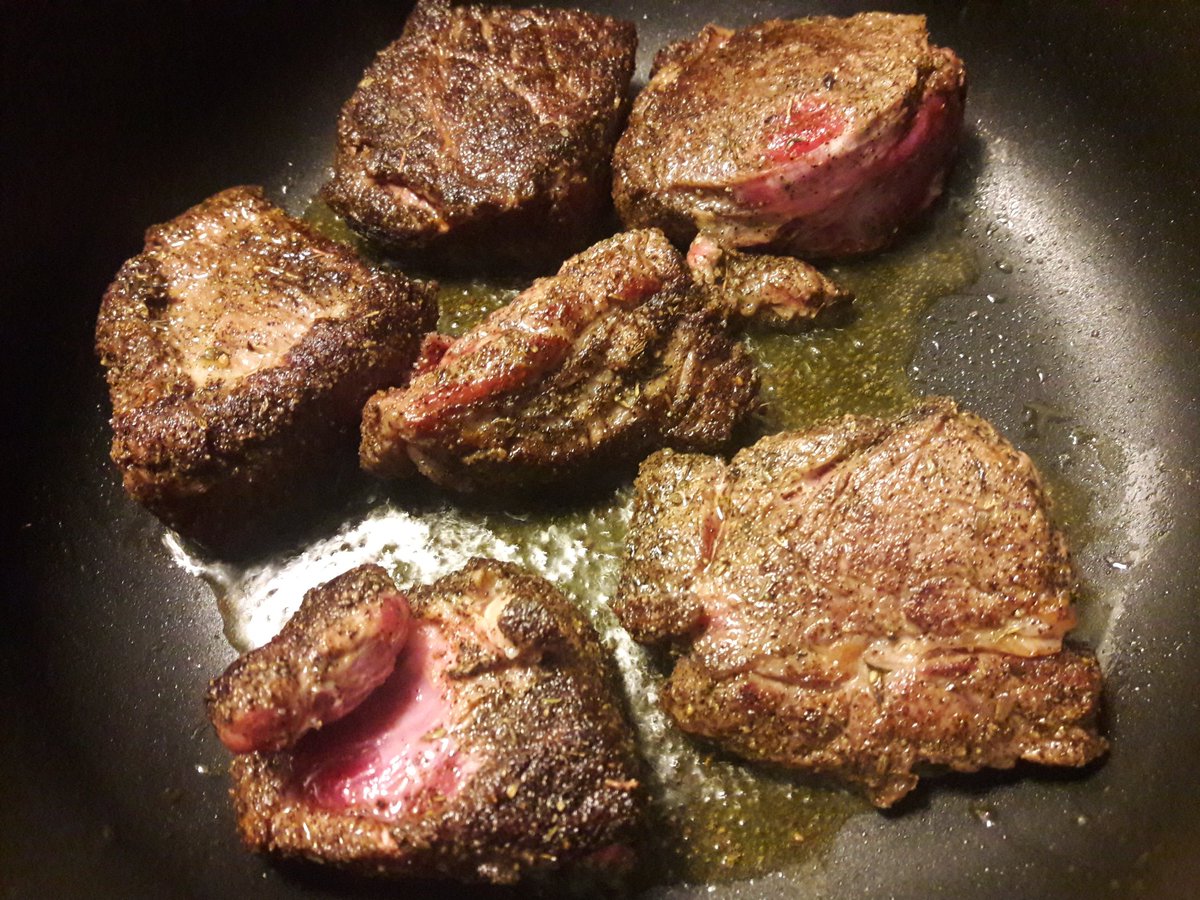 Mise en place and browning the meat. My seasoning blend = cracked pepper blend, salt, garlic and onion powder, smoked paprika, dried sage and thyme, and some espresso-ground coffee.