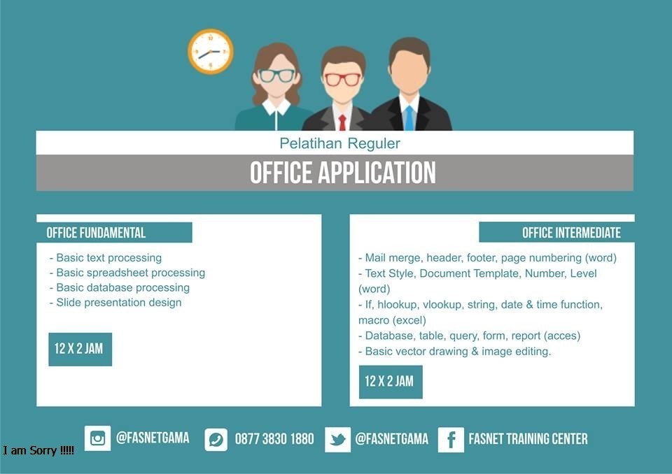 Dibuka pelatihan Office Aplication, bisa ke Fasnetgama . Bareng teman kamu langsung buka kelas rame-rame juga bisa loh. Info lebih lanjut bisa hubungi WA: 087738301880 / Hubungi (0274) 5304890