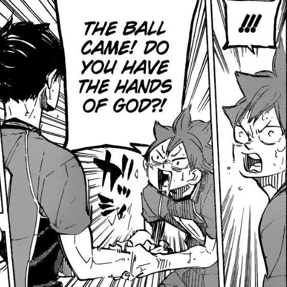 kageyama being a representation of yatagarasu is somewhat expressed through hinata excitedly asking if he has “the hands of God.”