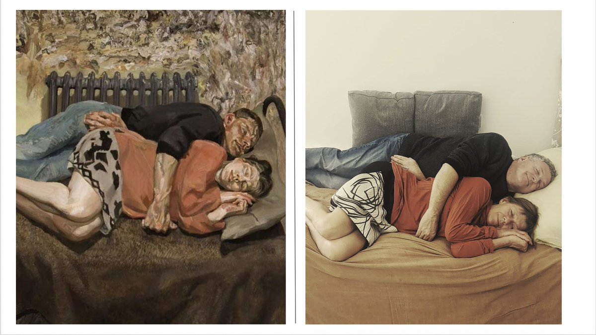 Day 38Ib and her husband, Lucian Freud, 1992.Liz and her husband, Molly O'Cathain, 2020.  #parentalpandemicportraits