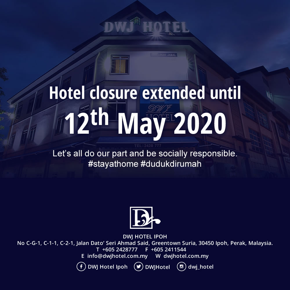 DWJHotel's tweet photo. We remain closed until 12th May 2020.
Stay at home, stay safe and save lives. 

#stayathome #dudukdirumah #dwjhotel #dwjhotelipoh #quarantine #covid19 https://t.co/NAprqC9c0T
