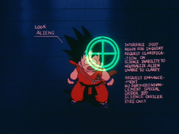 So what is this text, then?! Other than the "LOOK ALIENS" (which is the big hint), it's all filler text taken straight from a display terminal seen during Alien. This is commonplace in anime! (Check out  @ClydeMandelin's post on the matter!  https://legendsoflocalization.com/japans-love-affair-with-filler-english-text/) おわり