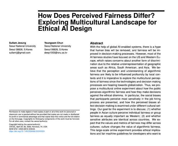 michellercarney's tweet photo. #fairAIchi20 From researchers at @seoulnatuniv_rp  "How Does Perceived Fairness Differ? Exploring Multicultural Landscape for Ethical AI Design"

Read the paper here:
https://t.co/xTkokDSoYP https://t.co/cgwUCPDcXM