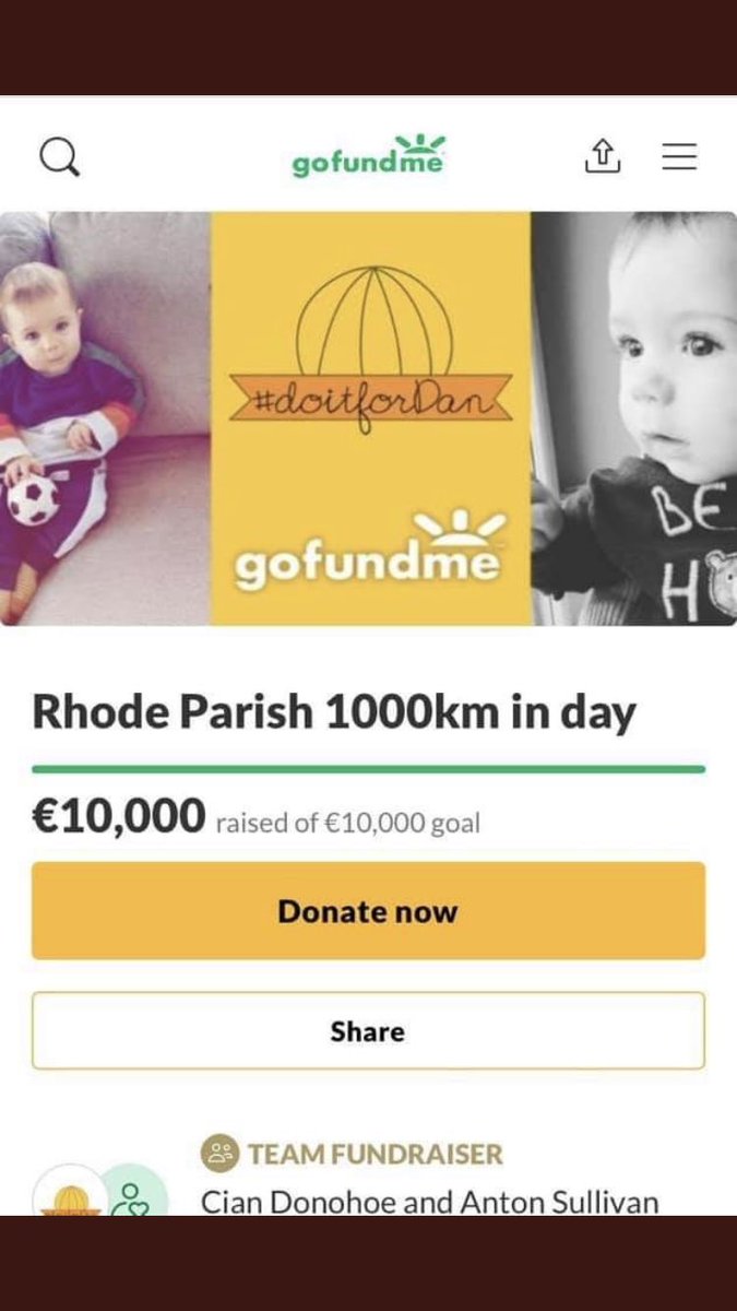 24 hours later and over €10,000 raised. Wow. 1357km done in the process. Well done to everyone involved and in particular @92Cian and <a href="/antonsullivan1/">Anton Sullivan</a> for organising the fundraiser👏🏼

#doitforDan #wediditfordan 
<a href="/RhodeGAA/">Rhode GAA</a> <a href="/Clonmore_Harps/">Clonmore Harps GAA</a> <a href="/DoItForDan201/">do it for Dan 20</a> <a href="/Offaly_GAA/">Official Offaly GAA</a>