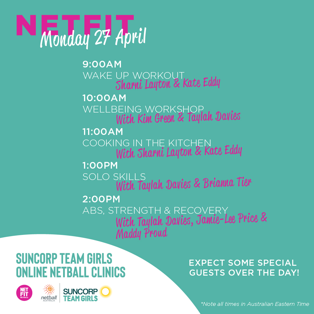 Let's get this new week off to the right start 💪
​
​Join former <a href="/AussieDiamonds/">Origin Australian Diamonds</a> legend <a href="/Sharni_Layton/">Sharni Layton</a> and the <a href="/NETFITNetball/">NETFIT Netball</a> team for day of workouts and well-being now - netball.com.au/netfit