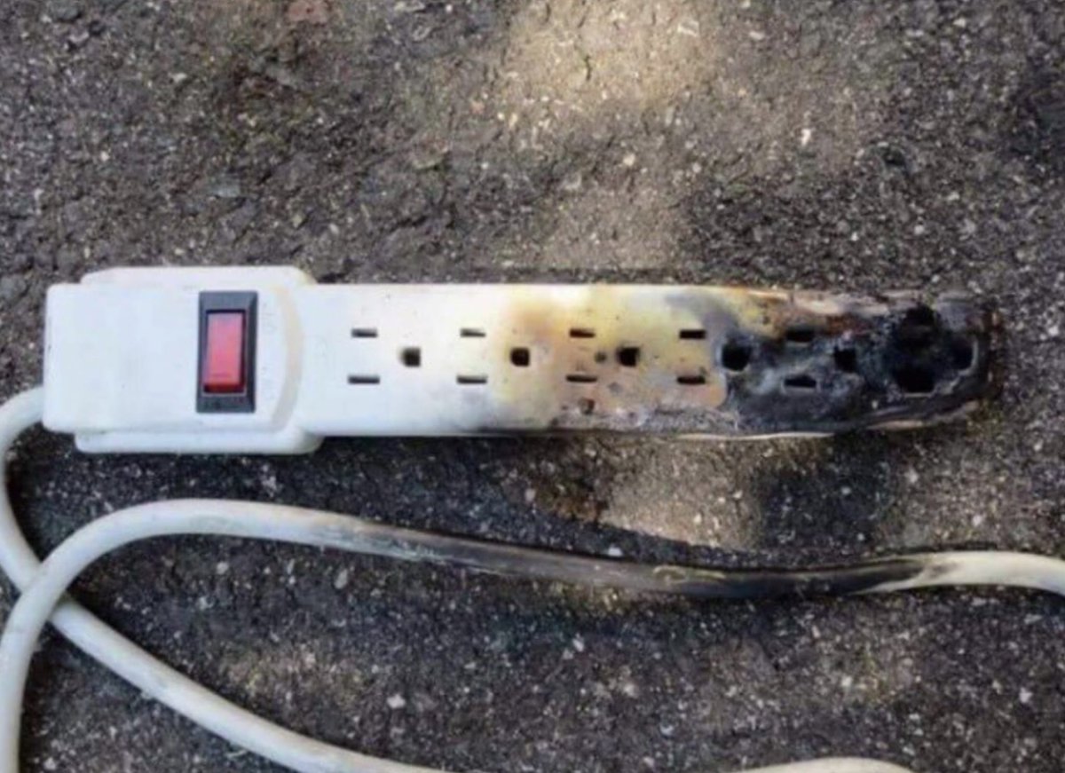 NorfolkCoFire's tweet photo. "My power bar has a built-in circuit breaker so I'm good". Not so fast. Fires can still happen if you overload the bar or leave plugs partially inserted. Make sure you have a good guality power bar and treat it right! https://t.co/19e412Aos6