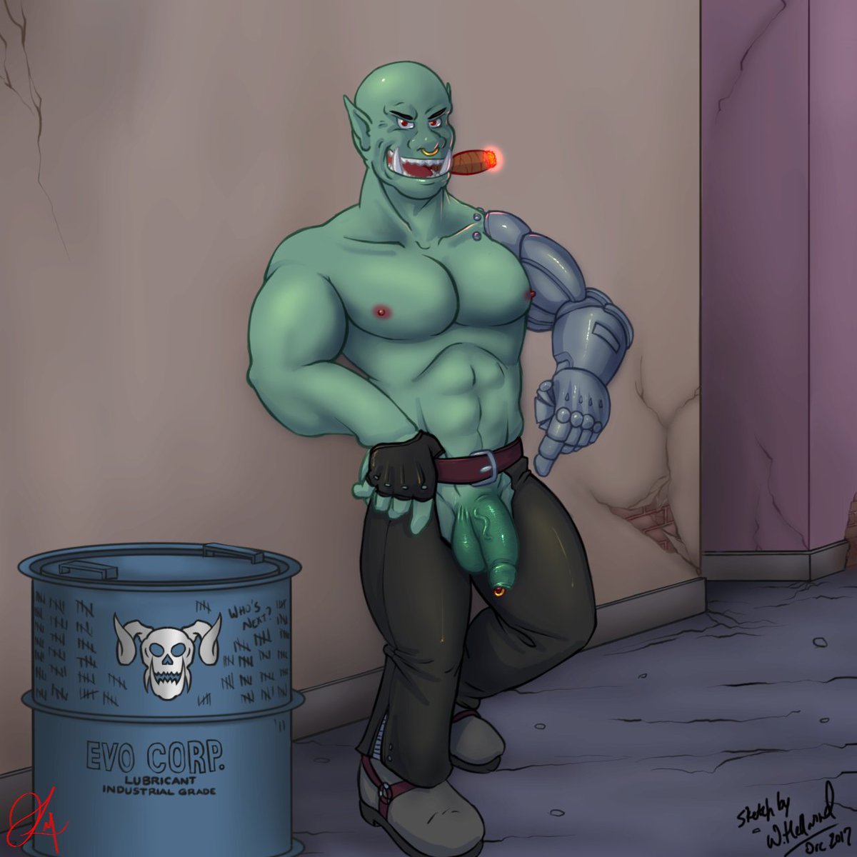 2. Next is Monty, an ork street samurai and bouncer for local bars including the spectacular Dante's Inferno topside, and the more seedy Pierced Hind down in the bowels of the Ork Underground.(art:  @kumattoz; original linework by me)