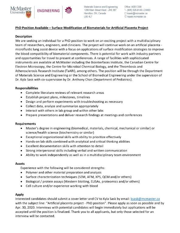 KSaskResearch's tweet image. We're still accepting applications for a PhD position at McMaster to work on biomaterial surface modification for an exciting artificial placenta project. Please share if you know anyone who may be interested.