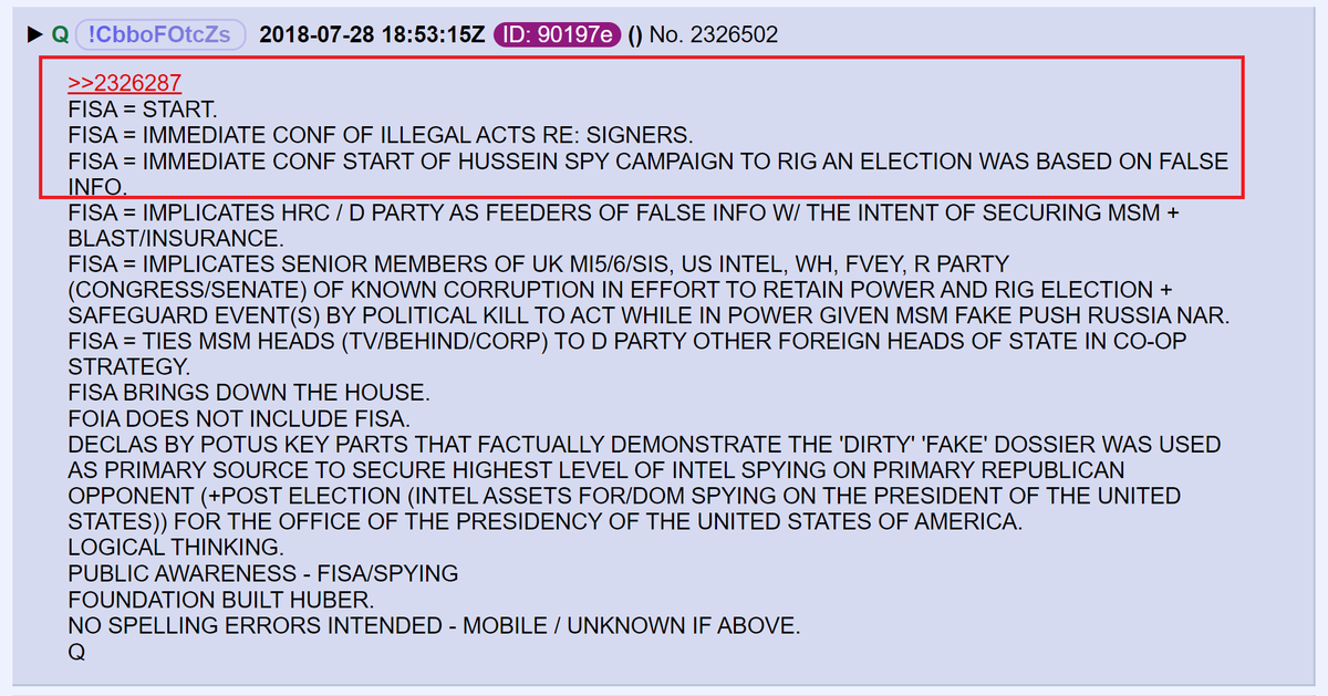 6) Q has said for years that FISA is the start of the publicly visible aspect of the DOJ's removal of corruption. Illegal FISA surveillance of Trump's campaign will objectively and factually prove that Obama's intelligence agencies attempted to overthrow an election.