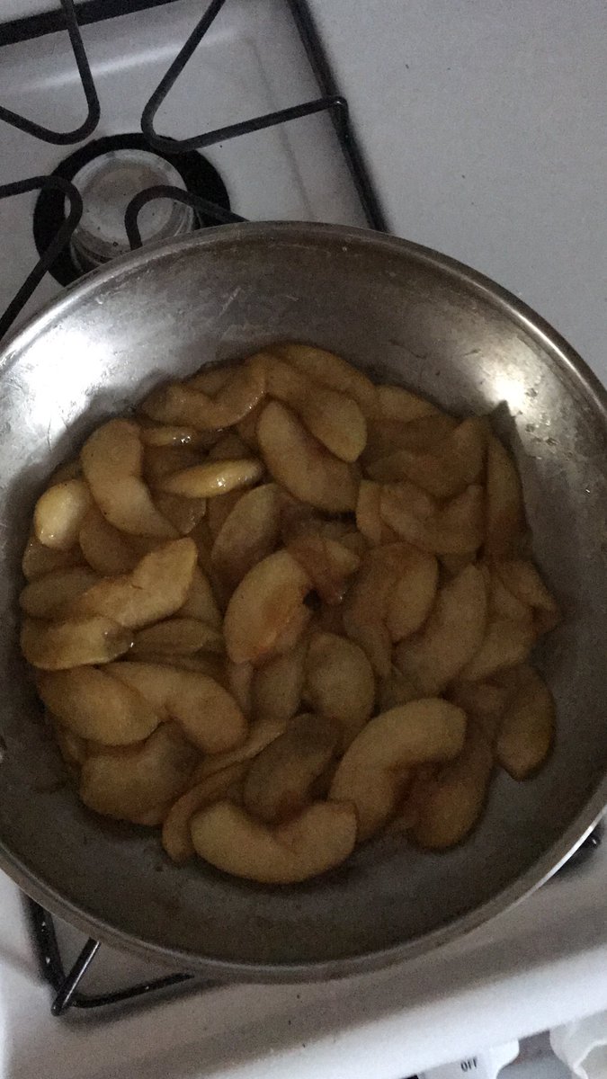 I like to add a little cinnamon and nutmeg, then continue stirring constantly for another 4-5 minutes (so 9-10 minutes total) until the apples are all brown and delicious