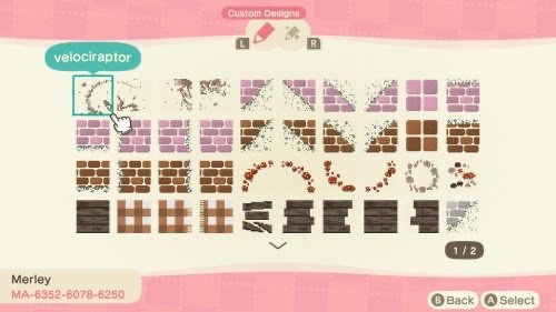 SEASthrash's tweet image. #acnh this is where i got the velociraptor, wood planks &amp;amp; some other path textures (in case you dont know how to use this stuff : use the code in the bottom left of the photo at the kiosk in the able sisters store &amp;amp; save over custom design slots) thanks to the creator👍