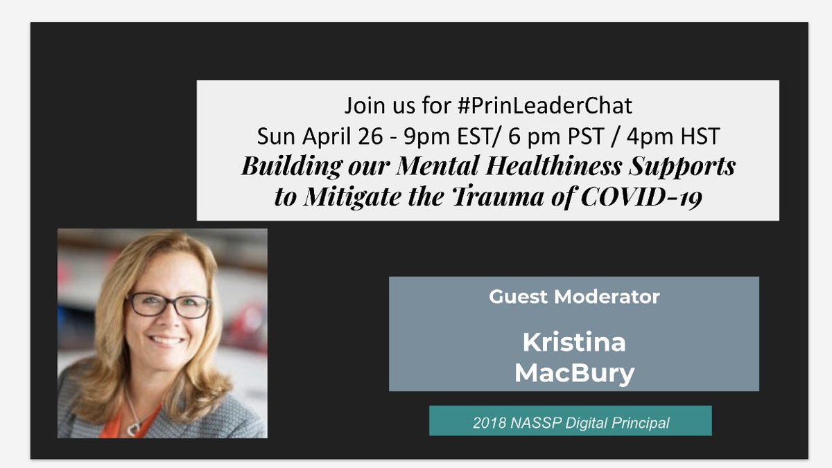 MacburyKristina's tweet photo. Join us in 45 Minutes... #PrinLeaderChat
@NASSP @winstonsakurai @GallantCordelia @JamieR42 @MrsRackleyCCMS @casehighprinc @BethHouf @DonEppsEDU @stevenlin83 @clegleiter @chrislehmann @JayBilly2 @SDoL_AP https://t.co/AhNbTQ1eMy