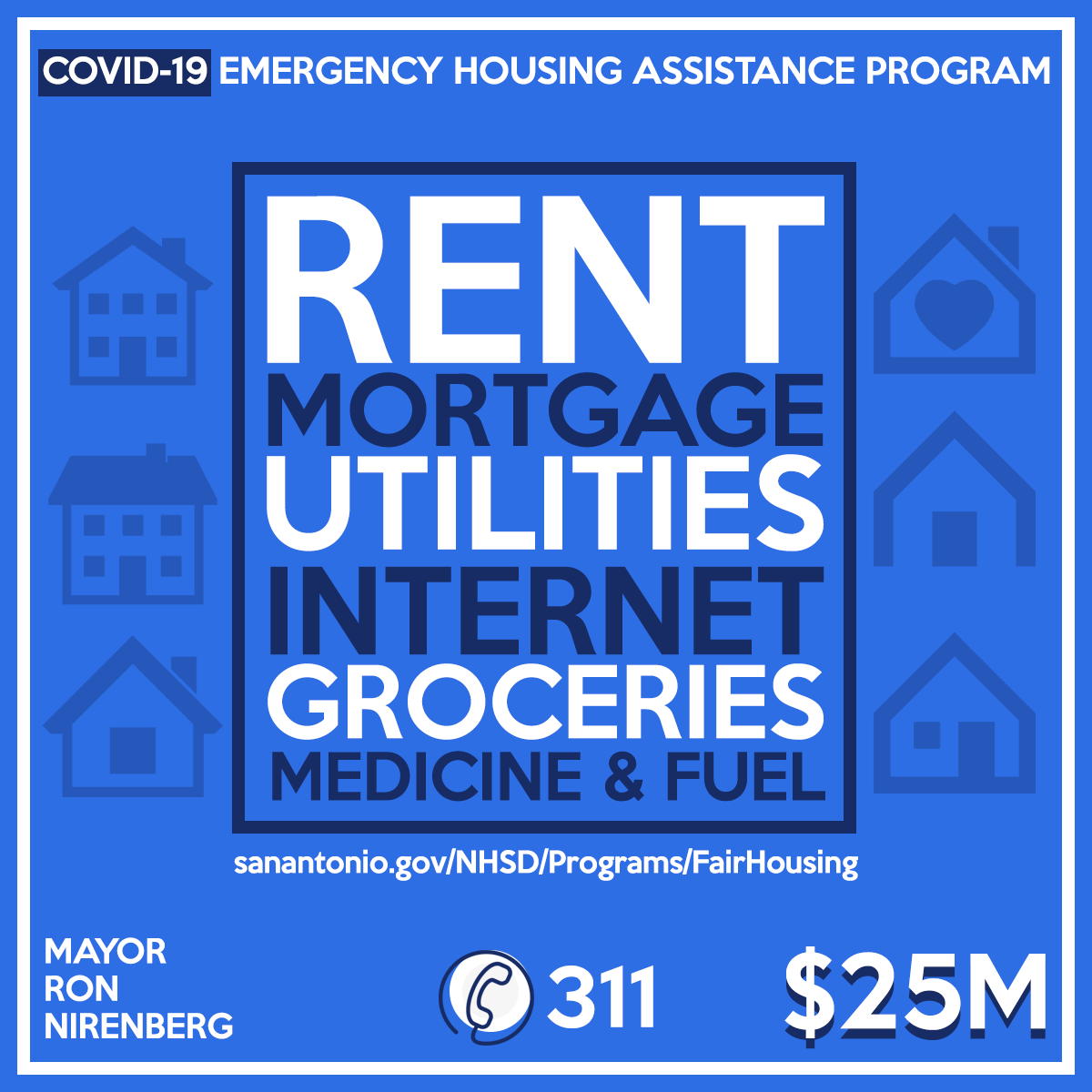 Council has approved the creation of a COVID-19 Emergency Housing Assistance Program, funded with $25 million from various sources.Residents seeking assistance should visit:  https://sanantonio.gov/NHSD/Programs/FairHousing or call 311Text HousingHelpSA to 41444 to donate to this fund.4/13