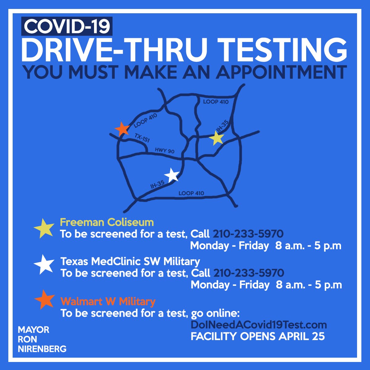 Two new drive-thru COVID-19 testing locations are open on the west and south sides of San Antonio. These are in addition to Freeman Coliseum.For more information:  https://sanantonio.gov/gpa/News/ArtMI 5/13