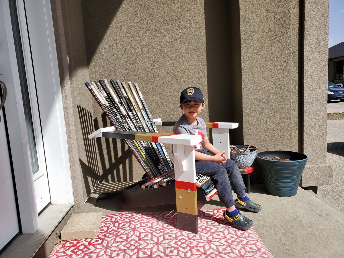 RyanJosephMan's tweet photo. Finished the matching chair today.  E wanted it to be @GoldenKnights themed, to go along with the @NHLFlames one we made last summer.
.
Missing hockey like crazy. @NHL
.
#nhl #calgaryflames #vegasgoldenknights https://t.co/eYX2rnB3AZ