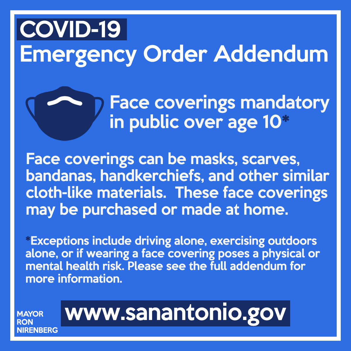 EFFECTIVE NOW: Emergency order mandating face coverings in public for anyone over the age of 10 & limiting essential retail to 25% of max occupancy.Link to  @CDC guide:  https://cdc.gov/coronavirus/2019-ncov/prevent-getting-sick/diy-cloth-face-coverings.htmlFull text:  https://sanantonio.gov/Portals/0/Files/health/COVID19/Public%20Info/2nd%20Addendum%20to%20EXH%201%20-%205th%20Declaration%20-%20Stay%20Home%20Work%20Safe%20Measures%2004.16.20%20FINAL.pdf?ver=2020-04-16-175323-3706/13