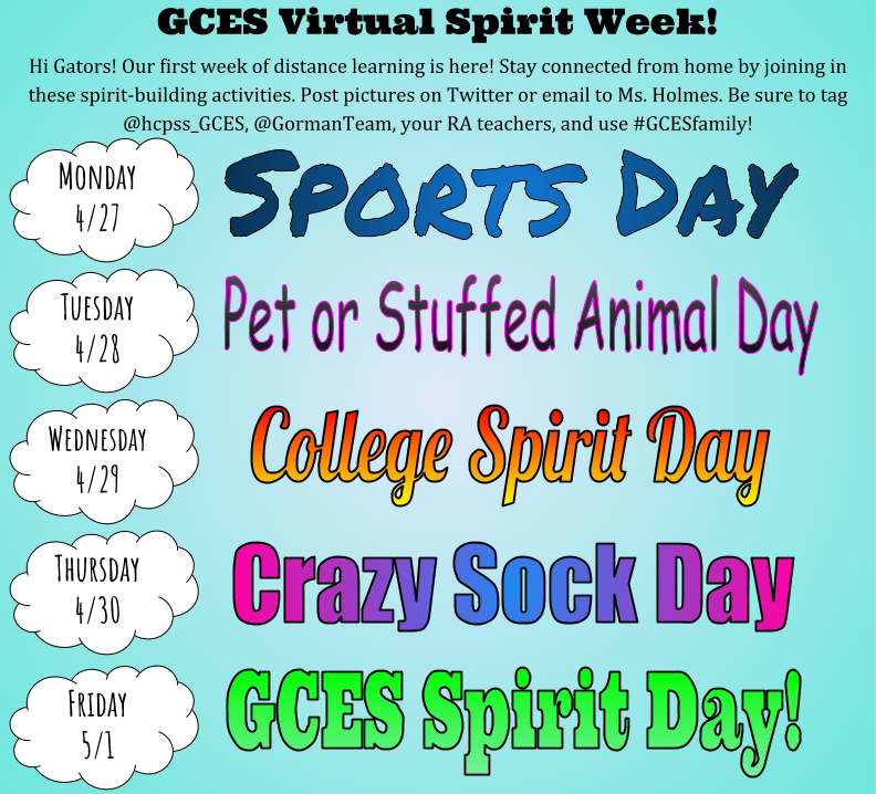 PretzelloBands's tweet photo. Hi Gators! We are bringing back #VirtualSpiritWeek for our first official week of distance learning.
I can't wait to see our #gcesfamily in their favorite jerseys tomorrow for Sports Day! 
@hcpss_gces https://t.co/QHayXYsZzo