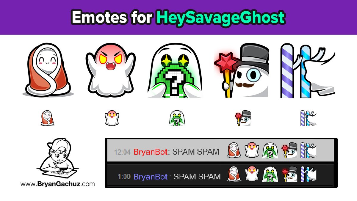 bgachz's tweet photo. Got to work on some more emotes for @HeySavageGhost ! Check him out if you haven't already!
#twitchemotes #twitchartist #emotes #ghostemotes #ghost #streamergraphics #emote #commissionsopen https://t.co/I8Yo1m5HDE