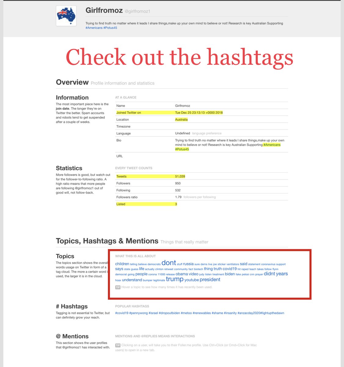 The hashtags are also VERY interesting -  #covid19  #pennywong  #israel  #dropoutbiden  #metoo    #renewables  #shame  #insanity #anzacday2020#lightupthedawn https://foller.me/girlfromoz1 