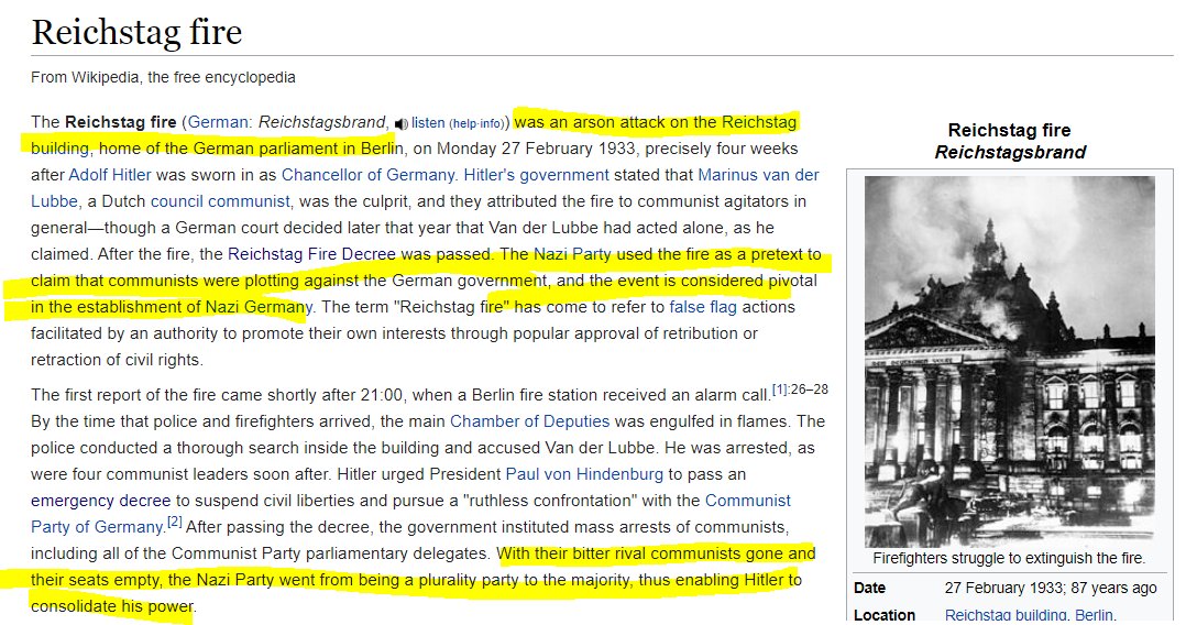 The Nazi's were inspired by this exact same strategy when they orchestrated the"Reichstag Fire"Where the main German Government building was burned and a lone communist was blamedHitler used the crisis to crack down on the press/civil rights in the"Reichstag Fire Decrees"