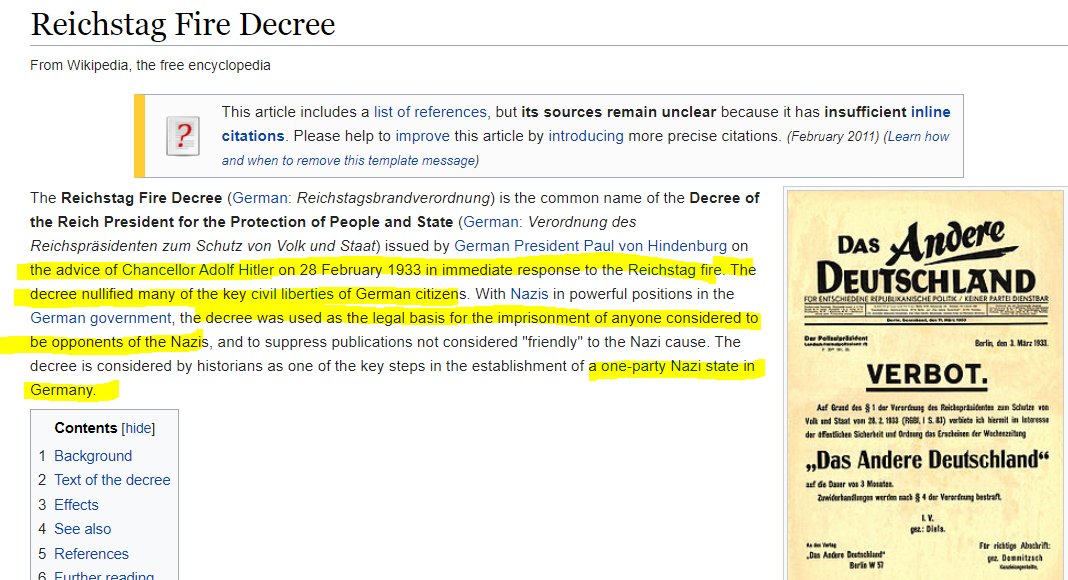 The Nazi's were inspired by this exact same strategy when they orchestrated the"Reichstag Fire"Where the main German Government building was burned and a lone communist was blamedHitler used the crisis to crack down on the press/civil rights in the"Reichstag Fire Decrees"