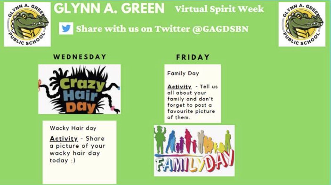 Gators 🐊 join us this week on Wednesday and Friday for our Virtual Spirit week. Wednesday - Wacky Hair day and Friday - Family Day. Can’t wait to see all of the great posts! We miss you gators 🐊. #GreatnessatGAG