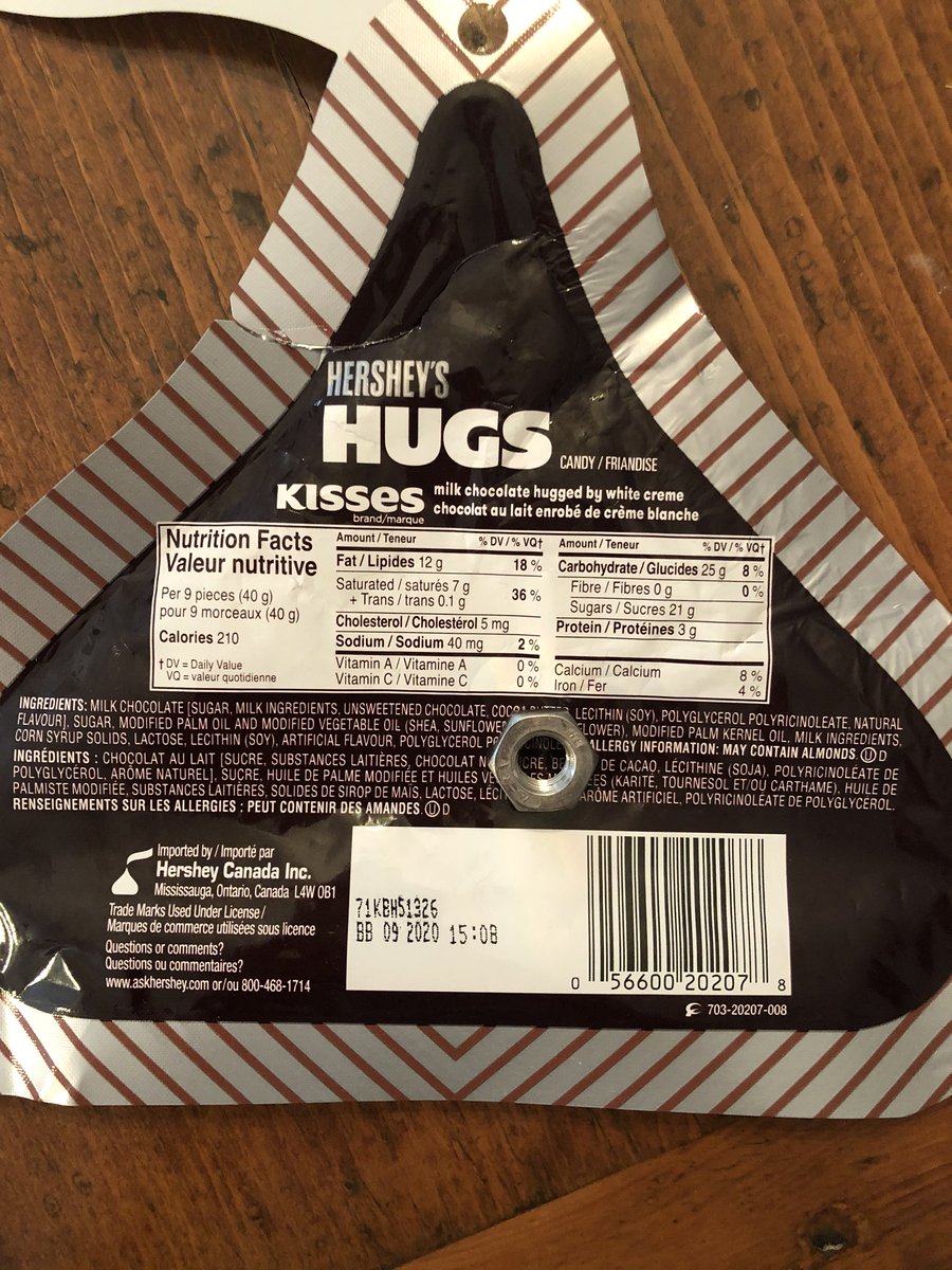 Sarahhmcleod's tweet photo. @Hersheys found this bolt in our package of hugs!! Might wanna check one of your machines! https://t.co/EpcE9MYt4m