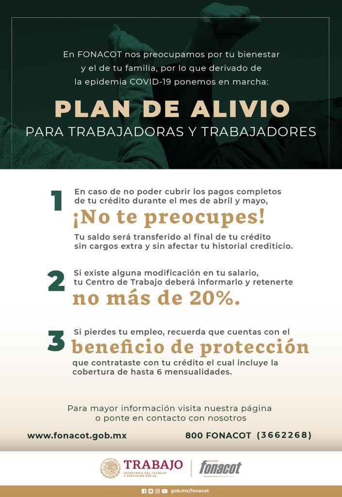 Fonacot_oficial's tweet photo. ⭕️ En el Instituto Fonacot nos preocupamos por tu bienestar y el de tu familia, por lo que ponemos en marcha este Plan de Alivio derivado de la epidemia #COVID_19.

Si tienes alguna duda o comentario visita nuestra página web https://t.co/LwtWsbHJhG o llámanos al 800 366 2268. https://t.co/fJ4bhoAfor