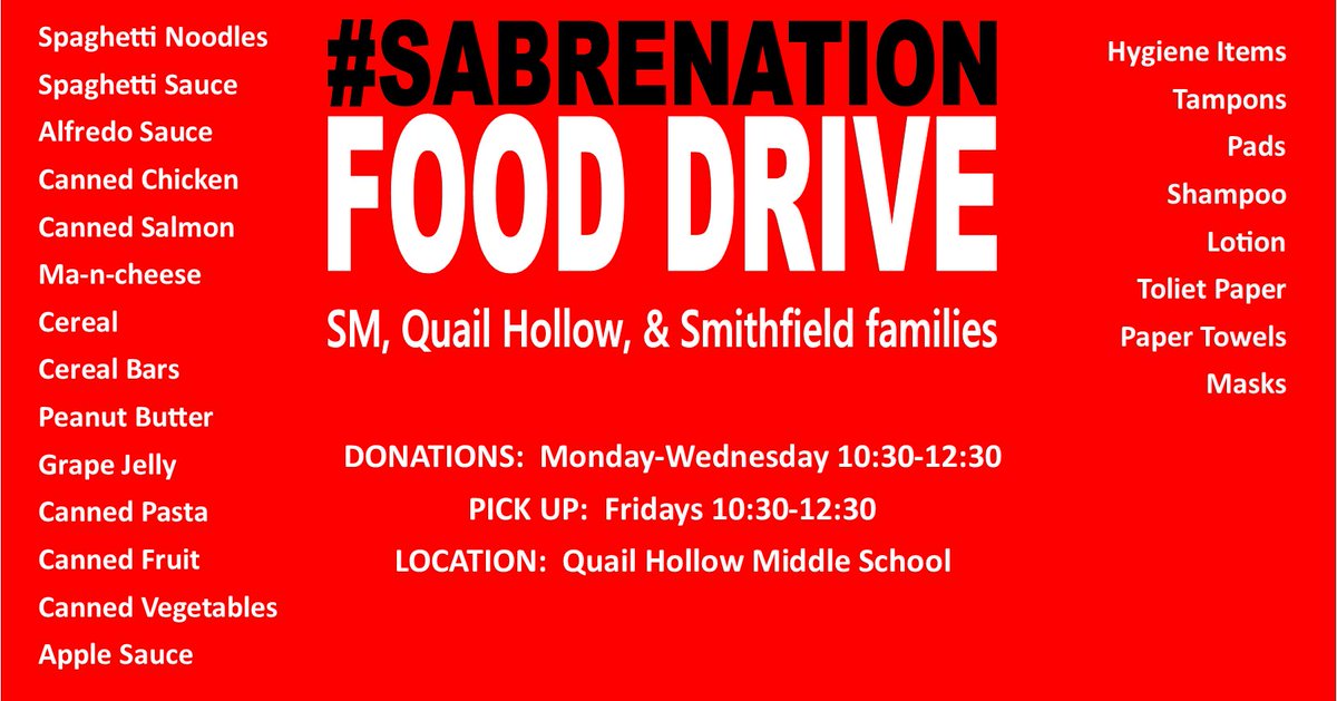 Support the #SabreNation Food Drive. All donations benefit families from South Meck, Quail Hollow and Smithfield.