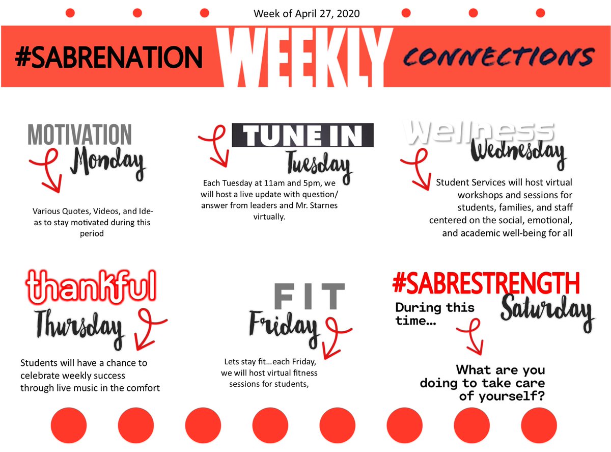 SMHSSabres's tweet photo. South Meck Launches Weekly Connections! Don’t miss new opportunities to stay connected and engaged through the remote delivery of equitable direction instruction. #WeAreSouth https://t.co/KTD94rquPx