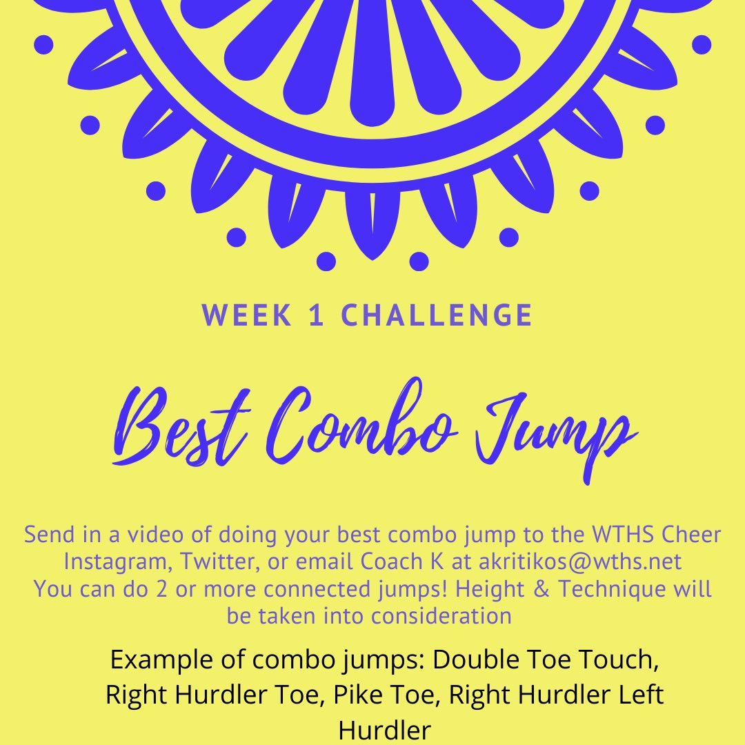 WTHSCheer's tweet photo. Keep in shape while we wait for Tryouts! WTHS Cheer weekly challenges start this week! Week 1 Challenge: Best Combo Jump! Perform 2 or more connected jumps and send videos to Twitter or Insta DM’s or email Coach K at aktitikos@wths.net https://t.co/Fvk8kObfp7