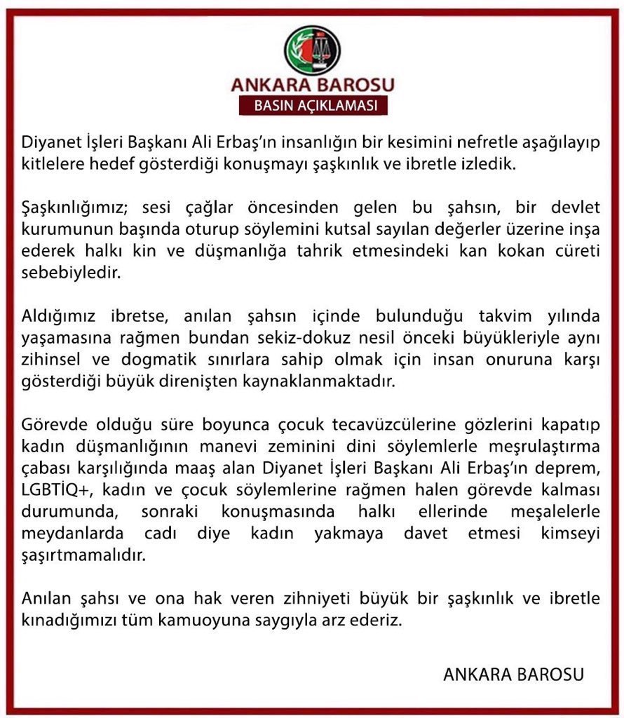 Avukat olarak kayıtlı olduğum Ankara Barosu;İslamın sesi çağlar üstüdür. Her daim diri ve güçlüdür, haramlarını/helallerini tartışmak sizin ne hakkınız ve ne de haddinizedir. Biz müslümanınız ve Allah’ın emri bizi bağlar. Kimse Müslümanlara hakaret edemez
#AliErbasyanlızdeğildir