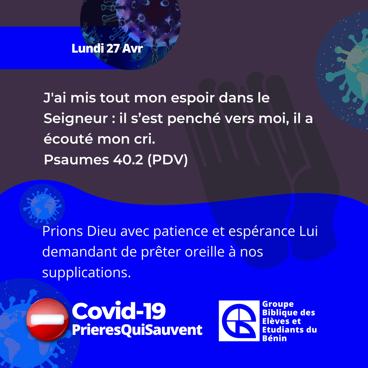 GbeebBenin's tweet photo. Prières Qui Sauvent I Covid19

Lundi 27 avril 2020

Prions Dieu avec patience et espérance lui demandant de prêter oreille à nos supplications.

#Covid19 #Covid19bj #GestesQuiSauvent #PrieresQuiSauvent #CoronaVaincu #Gbeeb https://t.co/OxMp3Dqc47