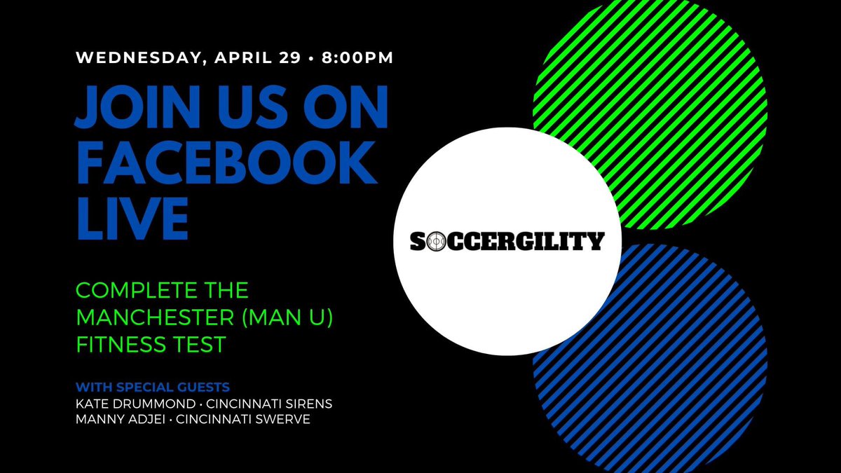 Soccergility's tweet image. Join us to run the Manchester fitness test LIVE on our Facebook page on Wednesday, April 29 at 8:00pm.

Test your current fitness level now and then we'll repeat the test in 4 weeks. You'll just need a 50-yard space to run and a speaker to hear our countdown.