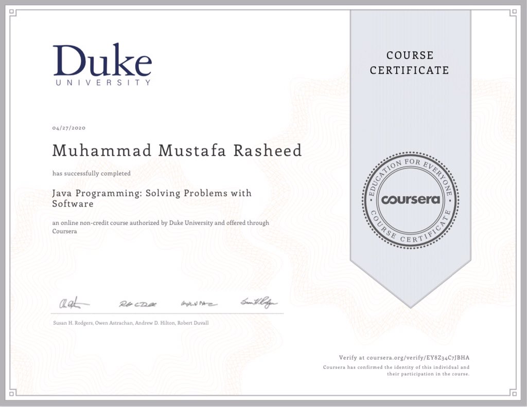 MMustafaRasheed's tweet photo. Coursera.
#Coursera #java #Duke #thankyou #hamdard #software #FEST #DepartmentofComputing #HIET https://t.co/afqzmAVQCp