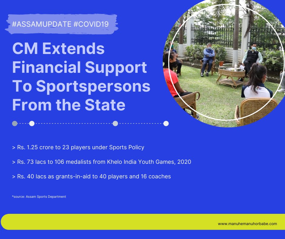 manuhemanuhorb1's tweet image. .@CMOfficeAssam directed Assam Sports Department to facilitate the financial support immediately to sportspersons. 

He also interacted and motivated upcoming sportspersons from the state.

 #AssamUpdate #COVIDー19