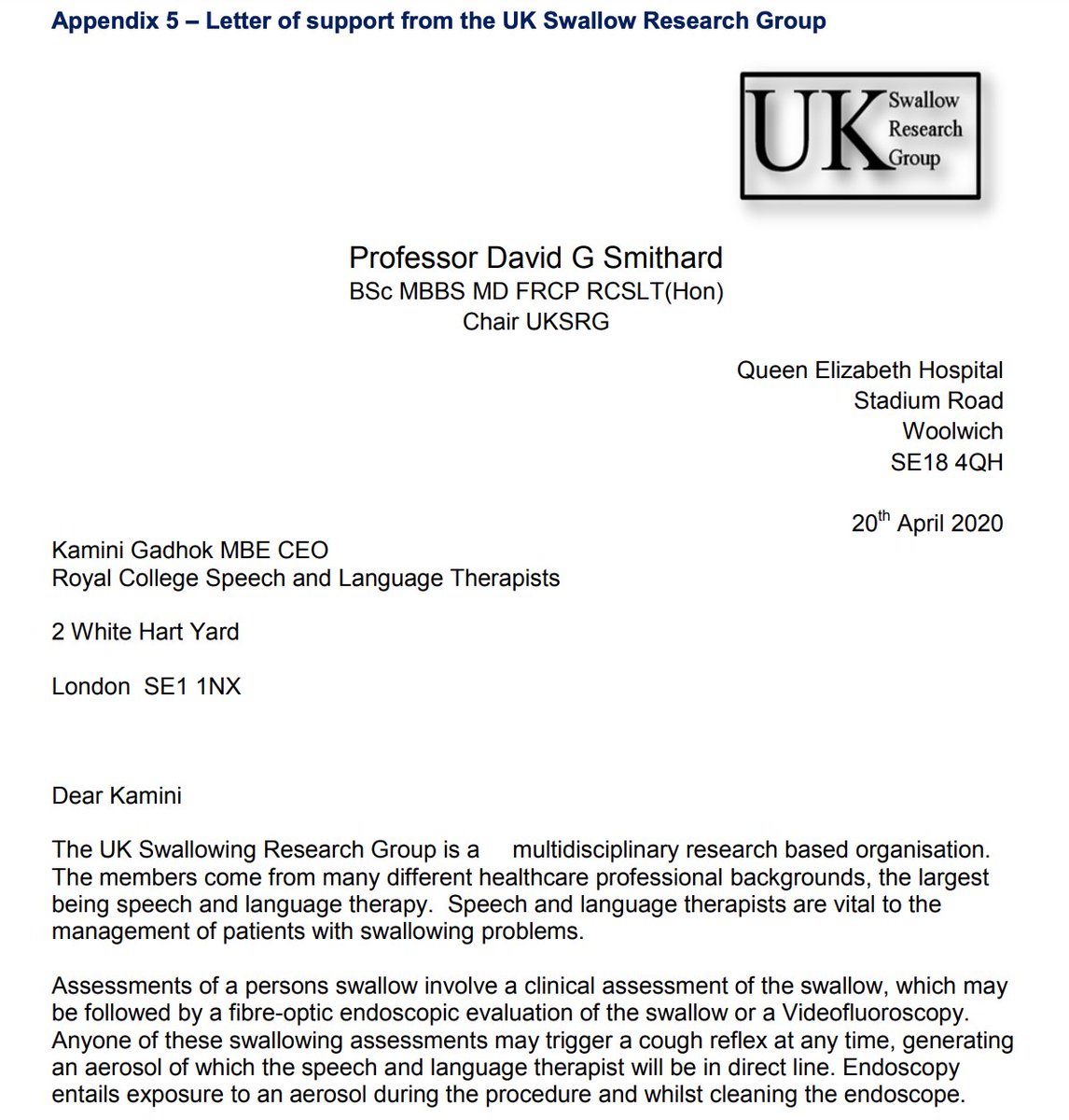 . @RCSLT is very grateful to  @UKSRG2 for their support for our evidence base that highlights why  #dysphagia assessments should be considered an aerosol generating procedure:  https://bit.ly/2W5aUI1   #Covid_19  #COVID19SLTs  #AGPS  #AGP
