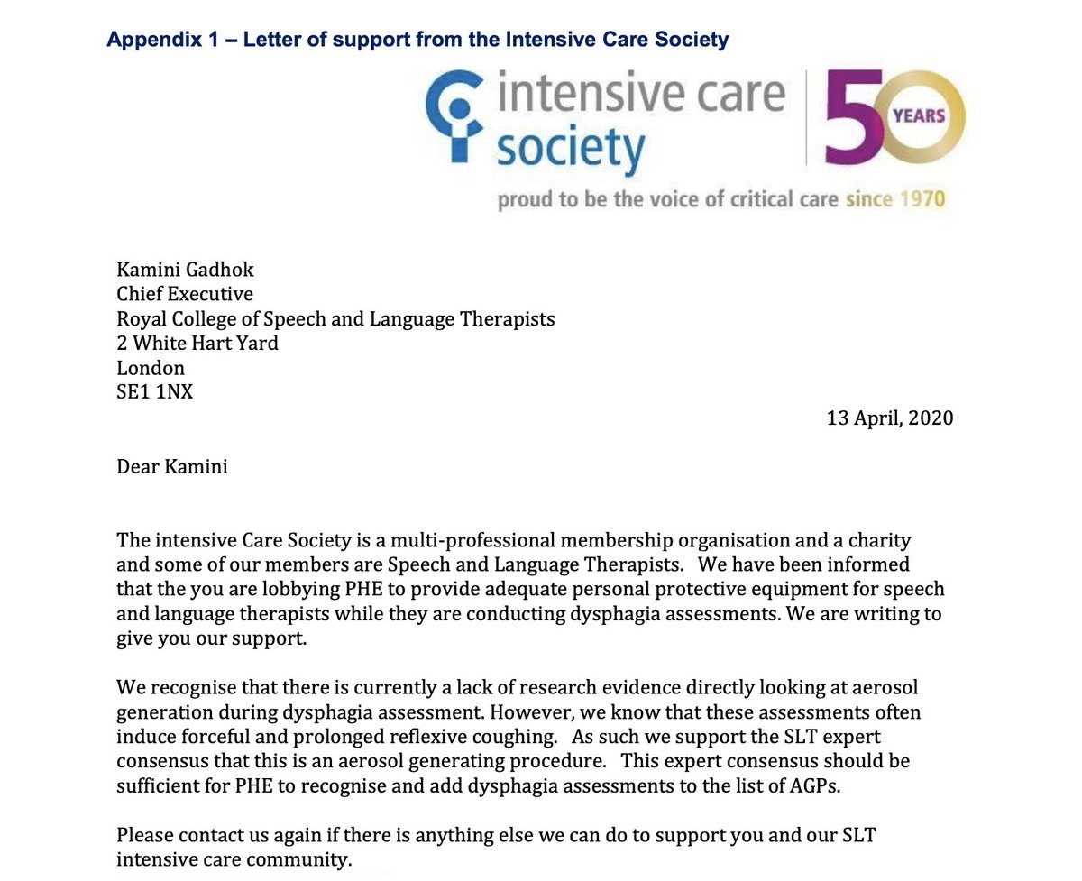 . @RCSLT is very grateful to  @ICS_updates for their support for our evidence base that highlights why  #dysphagia assessments should be considered an aerosol generating procedure:  https://bit.ly/2W5aUI1   #Covid_19  #COVID19SLTs  #AGPS  #AGP