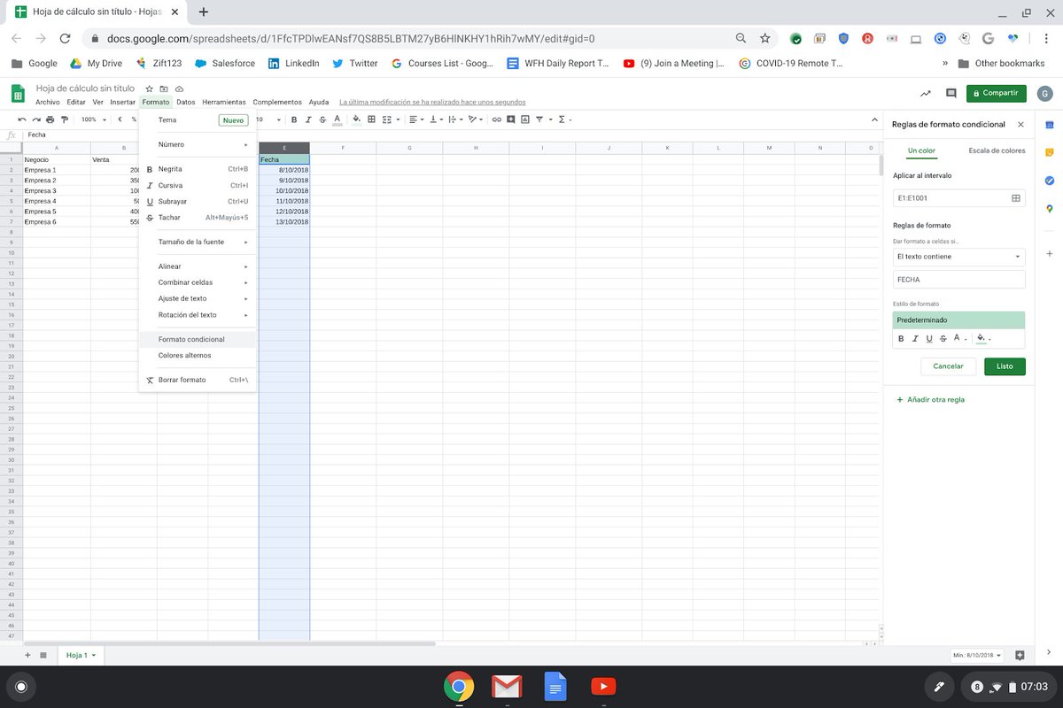 dinsa_es's tweet photo. En #Sheets puedes asignar valores o fórmulas a celdas al usar formatos condicionales en una hoja de cálculo para. Activalo en el menú ‘Formato’. Más información de #GSuite? Contactanos! https://t.co/v3GIo7VaYQ https://t.co/7XMDGvP8ga