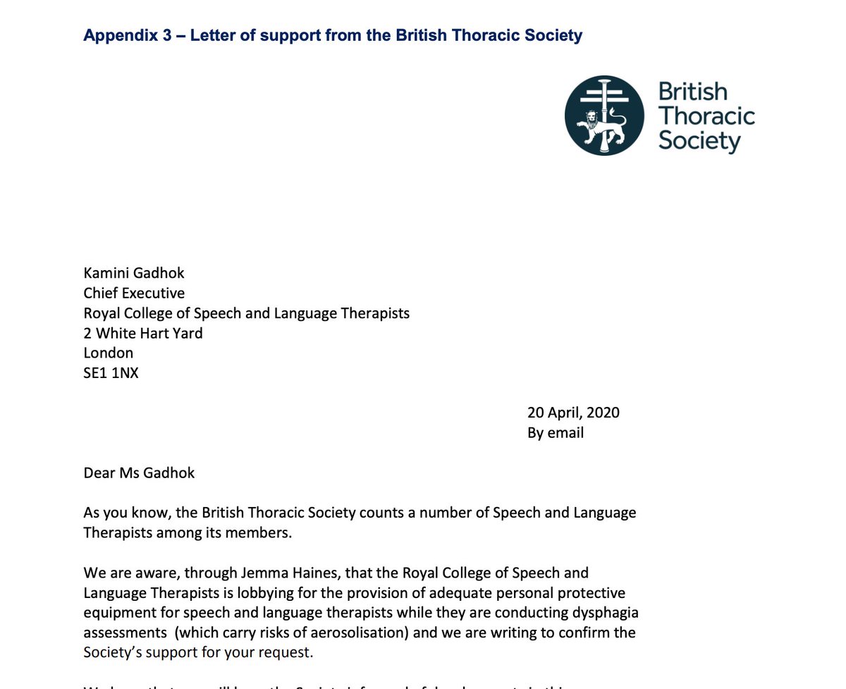 . @RCSLT is very grateful to  @BTSrespiratory for their support for our evidence base that highlights why  #dysphagia assessments should be considered an aerosol generating procedure:  https://bit.ly/2W5aUI1   #Covid_19  #COVID19SLTs  #AGPS  #AGP