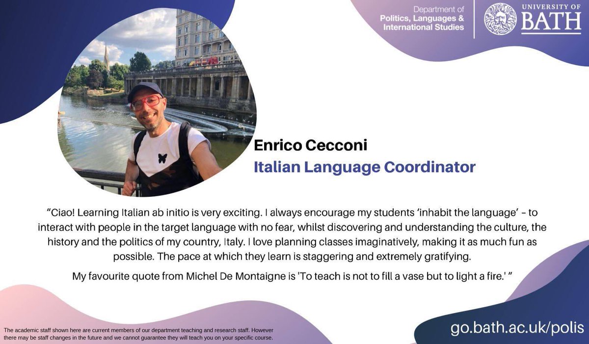 EnricoCecconi1's tweet photo. “To teach is not to fill a vase but to light a fire” (De Montaigne). Come and study with us at @PoLIS_Bath @UniofBath and you will have the opportunity to fast track your studies also with a language ab initio #discovery #languagefocus #horizons #GlobalCitizen #italian #culture https://t.co/COJCd0pkT6