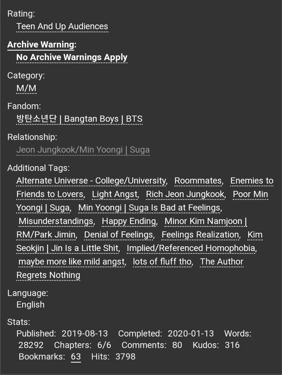 Echoes in the Dark ⏐ jooniesbaby-yoonkook ; 28k / 6 Chapters-college au-jk rich-yoongi poor-and they were roommates-enemies to friends to lovers-oh yoongi  https://archiveofourown.org/works/20227723 