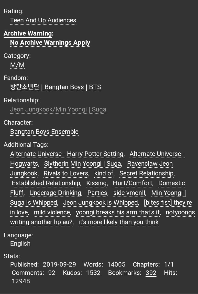 come around sundown ⏐ notyoongs  @notyoongs-yoonkook ; 14k-harry potter au-yoongi and jk play quidditch-rivals to lovers https://archiveofourown.org/works/20817638 