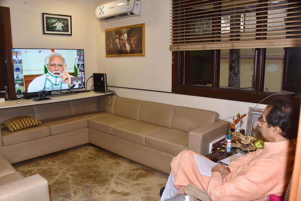 CMOMaharashtra's tweet photo. CM Uddhav Balasaheb Thackeray in an on going video conference with the Hon’ble Prime Minister @narendramodi ji, Union Home Minister @AmitShah ji along with the Chief Ministers of other States on further steps to be taken to beat Coronavirus. https://t.co/4xwBcQSfPj