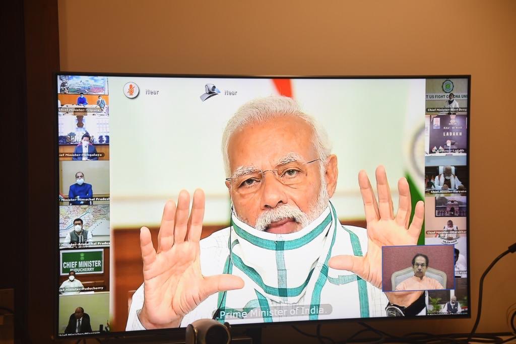 CMOMaharashtra's tweet photo. CM Uddhav Balasaheb Thackeray in an on going video conference with the Hon’ble Prime Minister @narendramodi ji, Union Home Minister @AmitShah ji along with the Chief Ministers of other States on further steps to be taken to beat Coronavirus. https://t.co/4xwBcQSfPj