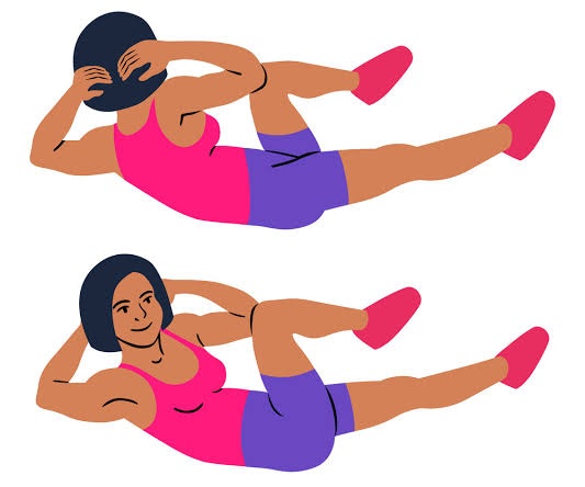 3. BICYCLE CRUNCH: This takes a little bit of leg action, as it also focuses on working your thighs. Here you raise your legs and you use your elbow your to touch your opposite knee. Do about 20 of this and Repeat 3 times.