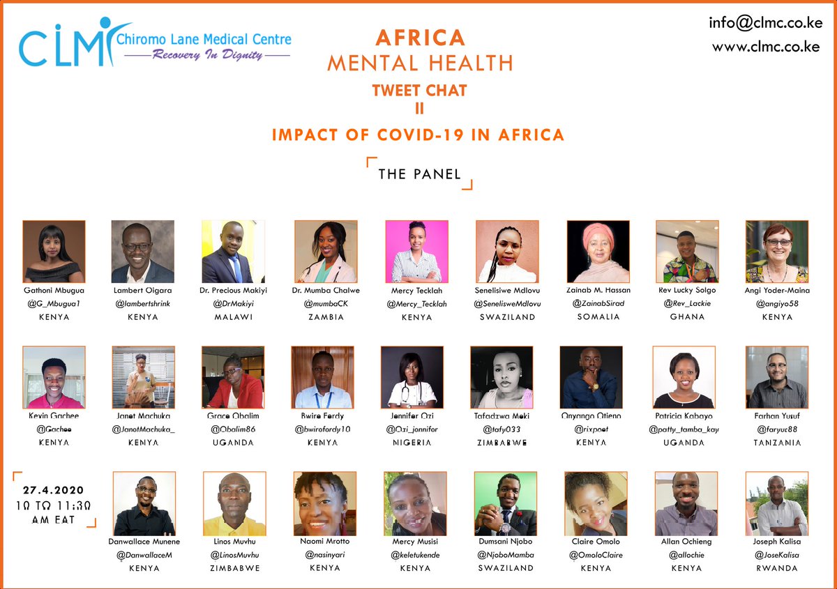 ChiromoHospGrp's tweet photo. Good morning and welcome to Africa #MentalHealth Tweet Chat! We have an amazing panel of 26 panelists and 11 countries ready to talk about the Impact of #COVID19 in Africa.

The hashtag of the day is #MentalHealth4Africa. Use it in all your tweets.

Let's get started! https://t.co/hR18DIVKHh