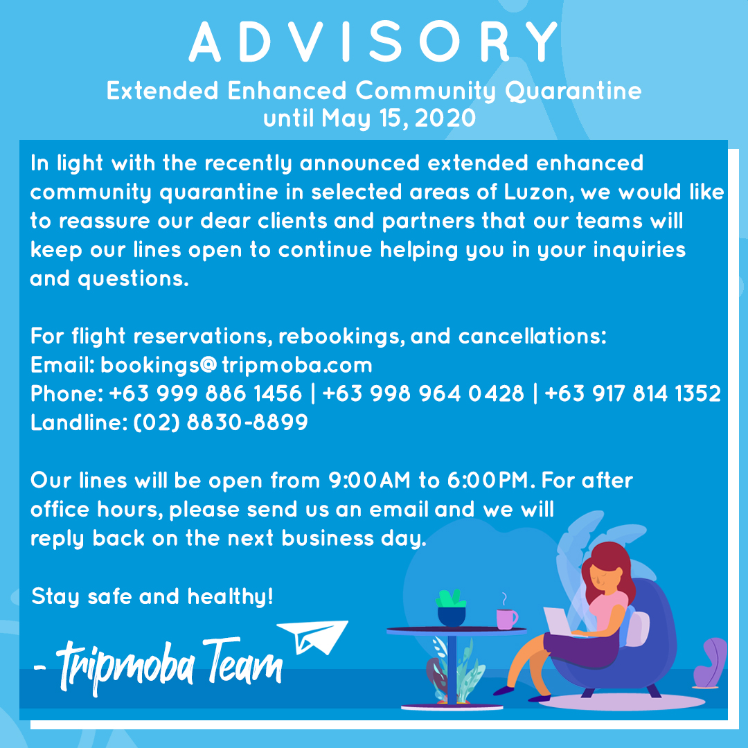 tripmobaPH's tweet photo. To our valued customers who will need assistance on flight reservations, rebookings or cancellations, please take note of our contact details.
Stay safe and healthy! ♥️
-tripmoba Team
#tripmoba #greattravelstories #EECQ #traveltomorrow https://t.co/j5iQWe9nKH