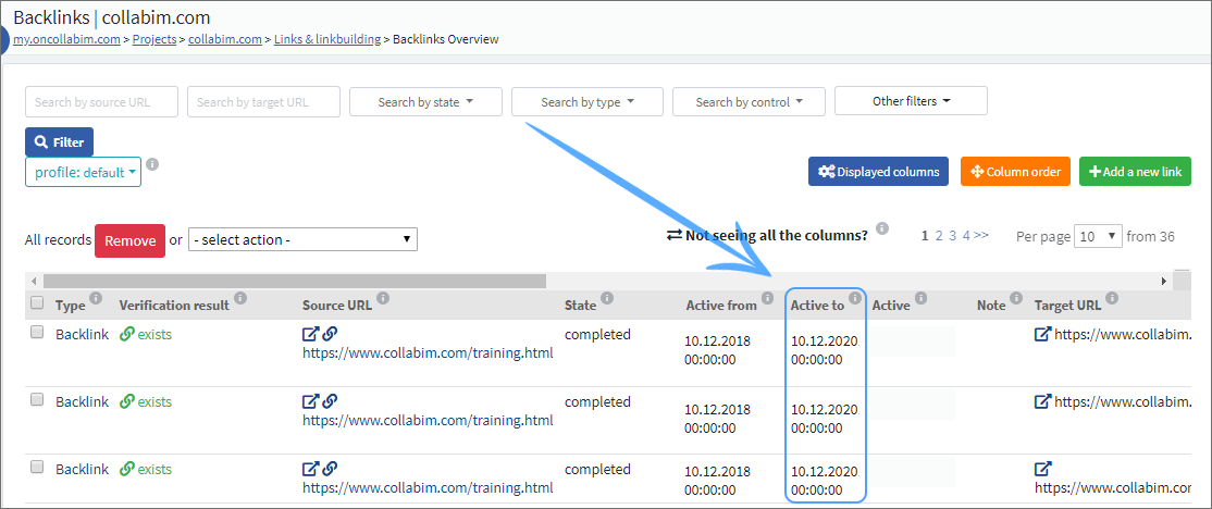 collabim's tweet photo. For you to have better overview about all your backlinks, we have added a new “Active by“ column in the Backlinks Overview. This way you can spot when your links end at the first sight. https://t.co/EKdalrl0FH